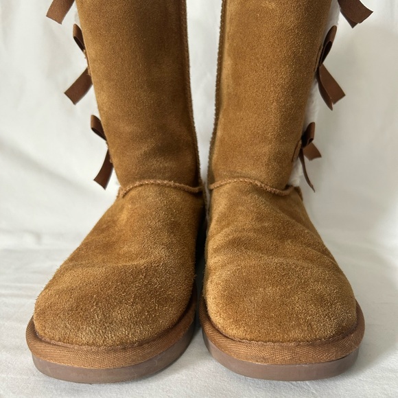 UGG Boots Koolaburra Suede Calf High Bows Tan Suede Winter Slip On (Runs Big 6) - Picture 4 of 15